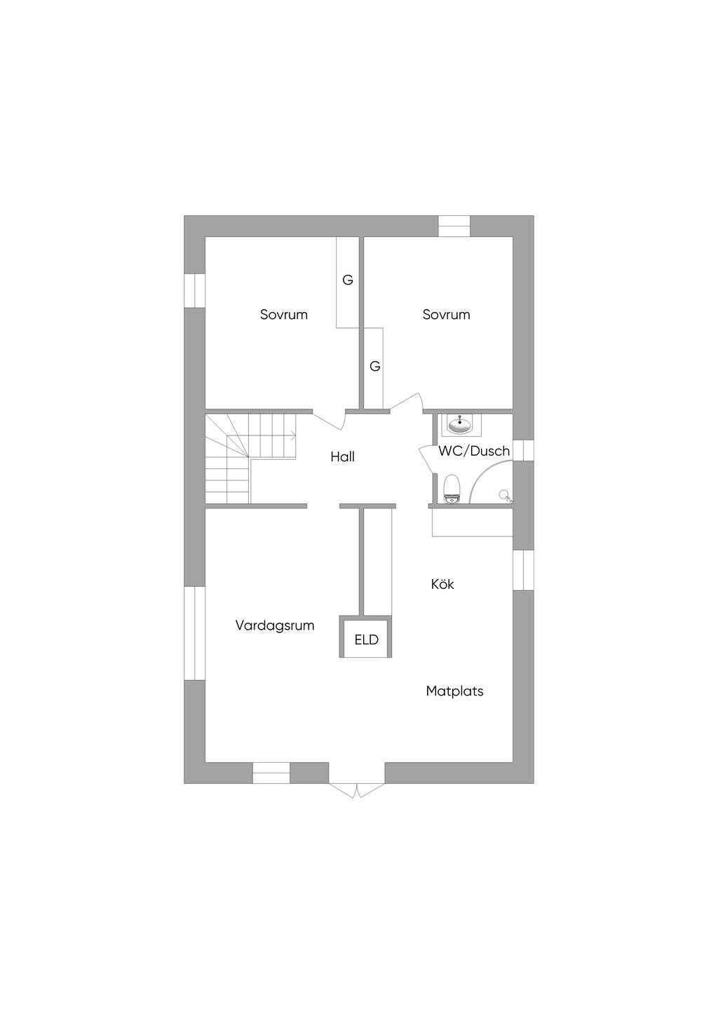 Huvudbyggnad övre plan
Lägenhet med 5 rum och kök