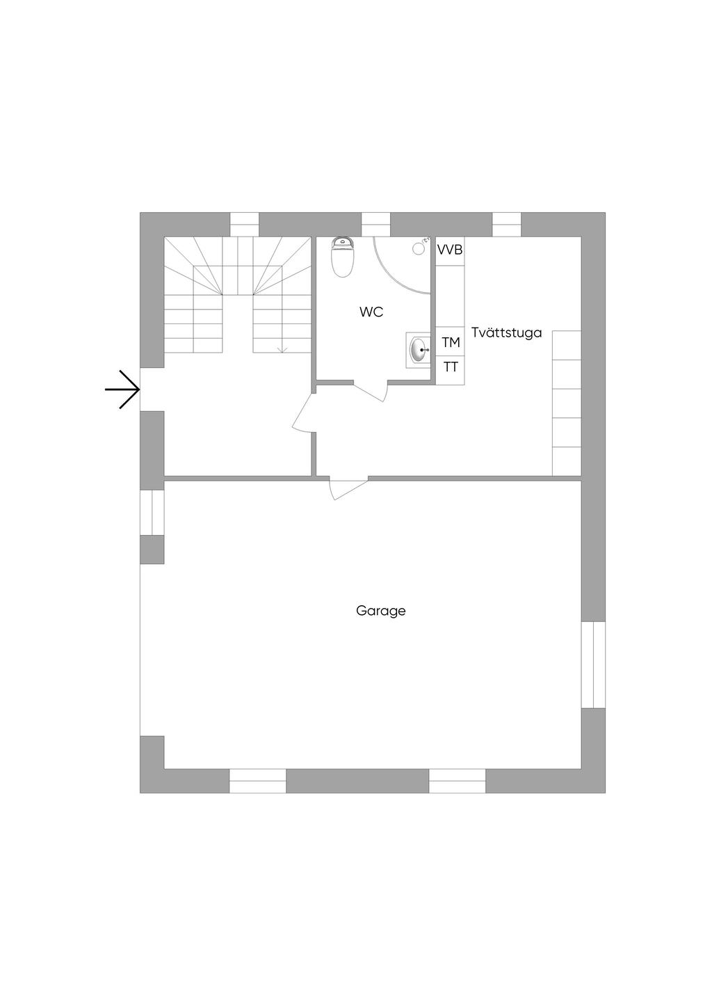 Grå byggnad entréplan
Lägenhet med 3 rum och kök
