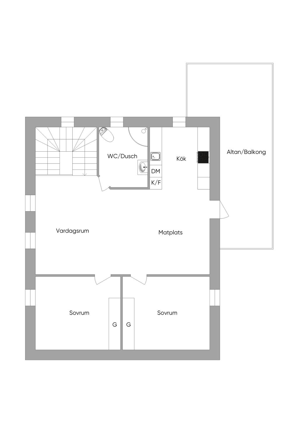 Grå byggnad övre plan
Lägenhet med 3 rum och kök