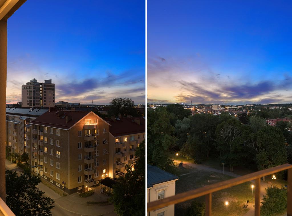 Utsikt från köket och den franska balkongen i sovrummet
