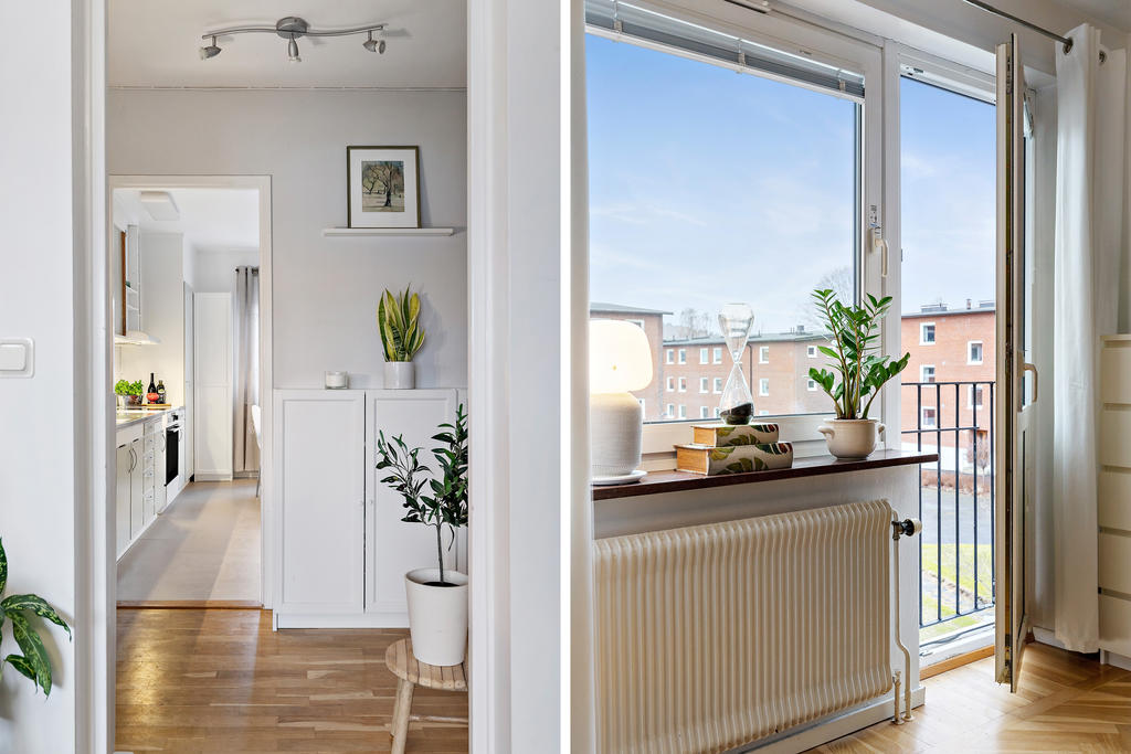 Hall och fransk balkong med vy mot Skolvägen 8