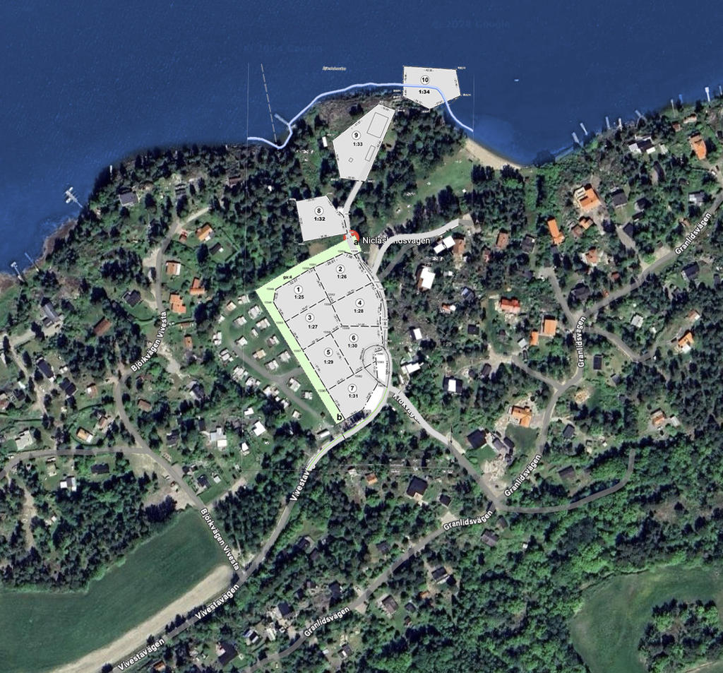 Samtliga fastigheter i området inritade på flygfoto. 