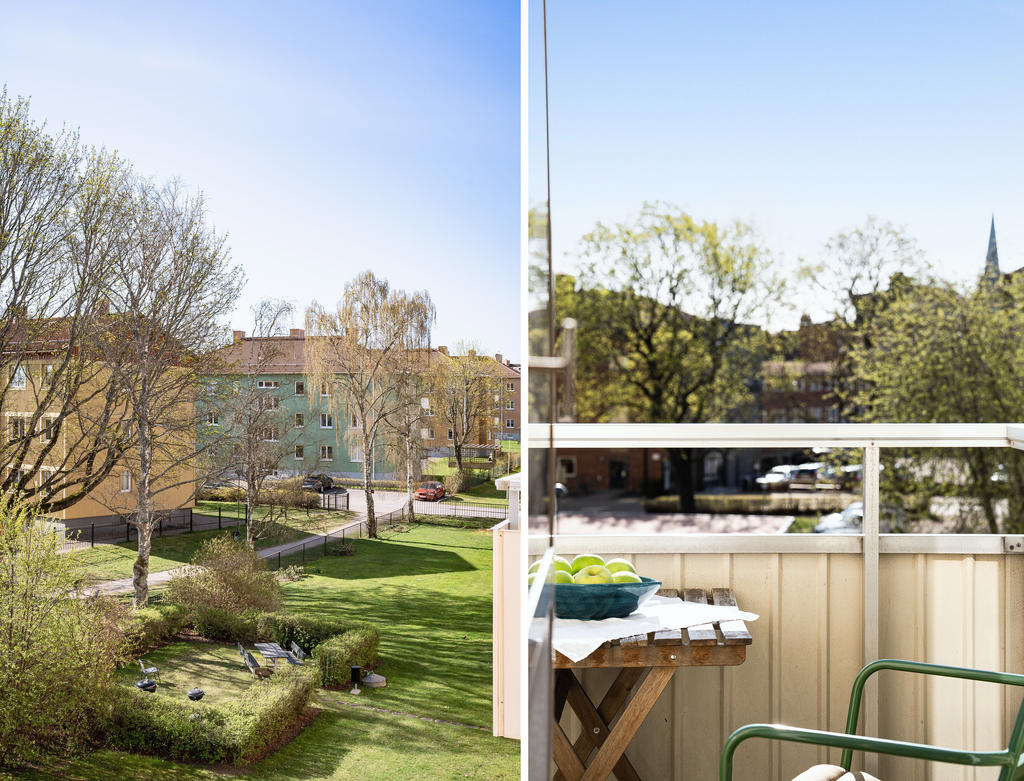 Balkong i soligt läge med utsikt över innergård samt till Domkyrkan
