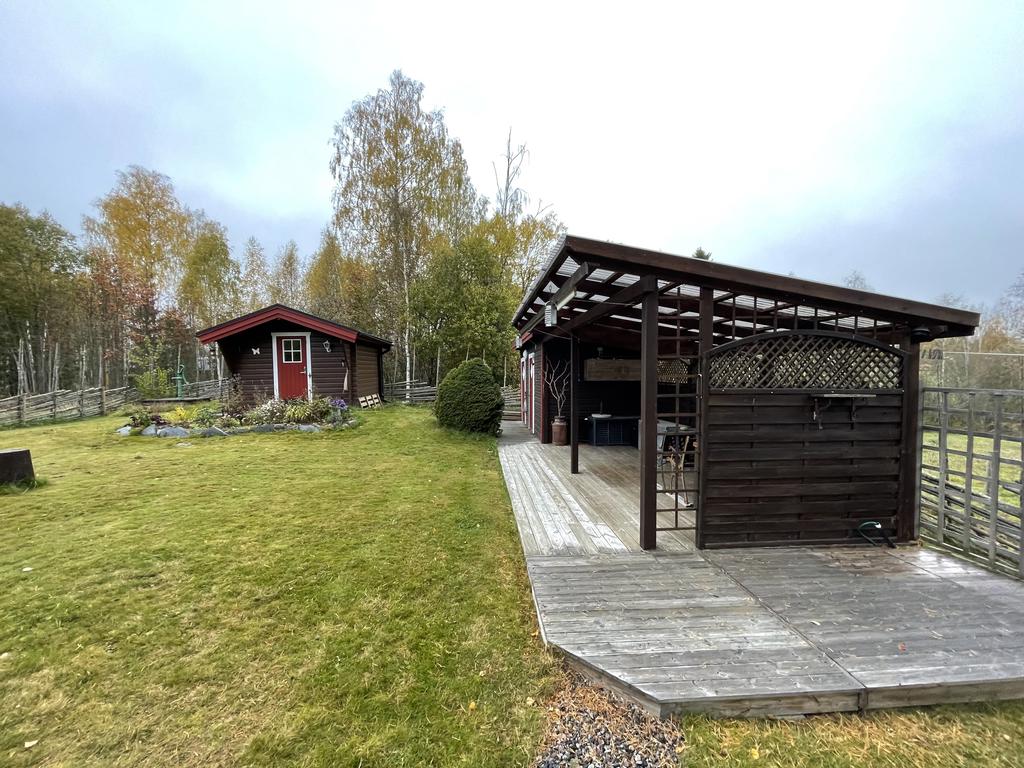 Höstbild med friggebod och uthus samt uteplats. 