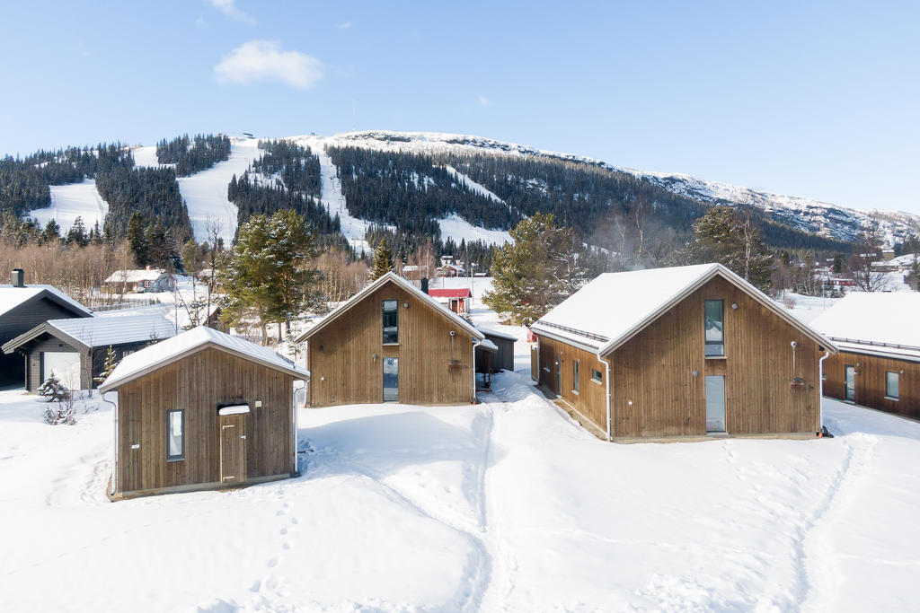 Varje fastighet består av två större fjällstugor och ett attefallshus