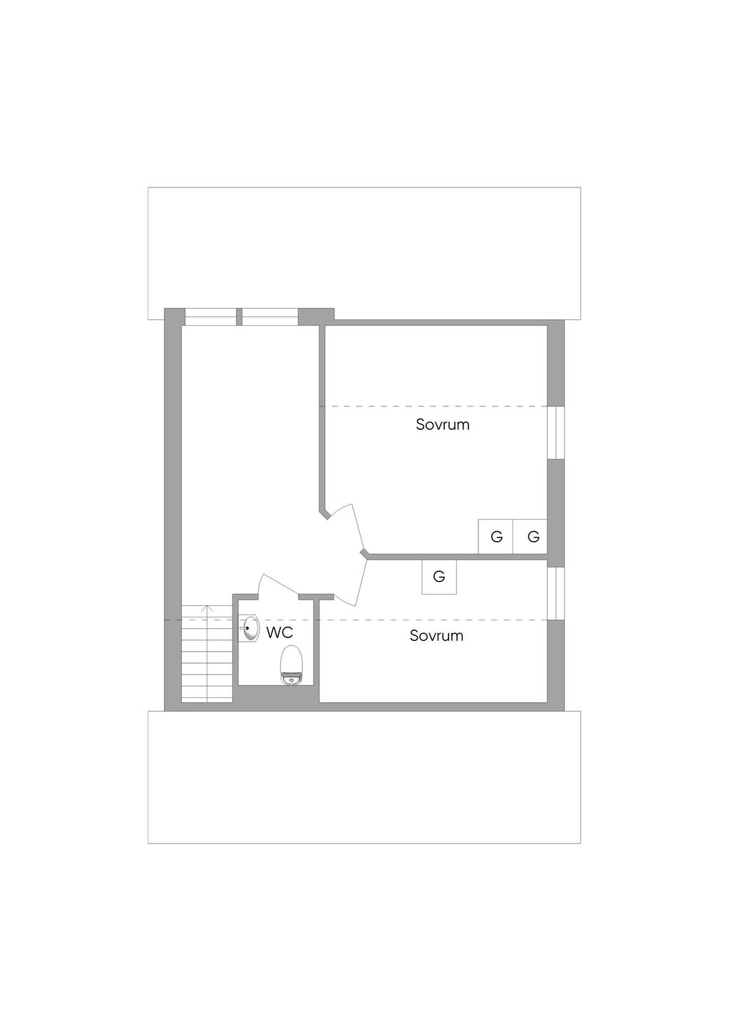 Övre plan, det går att göra ett till sovrum, väggen är borttagen men dörren finns kvar