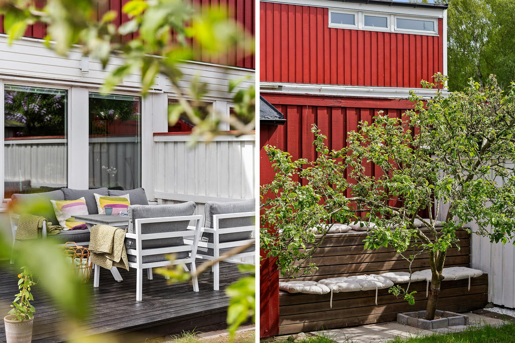 Trädgården och altanen vetter mot öster men förmiddagssol. Solbänken är strategiskt byggd mot väster för att maximera soltimmarna. Fint belägen intill äppleträdet