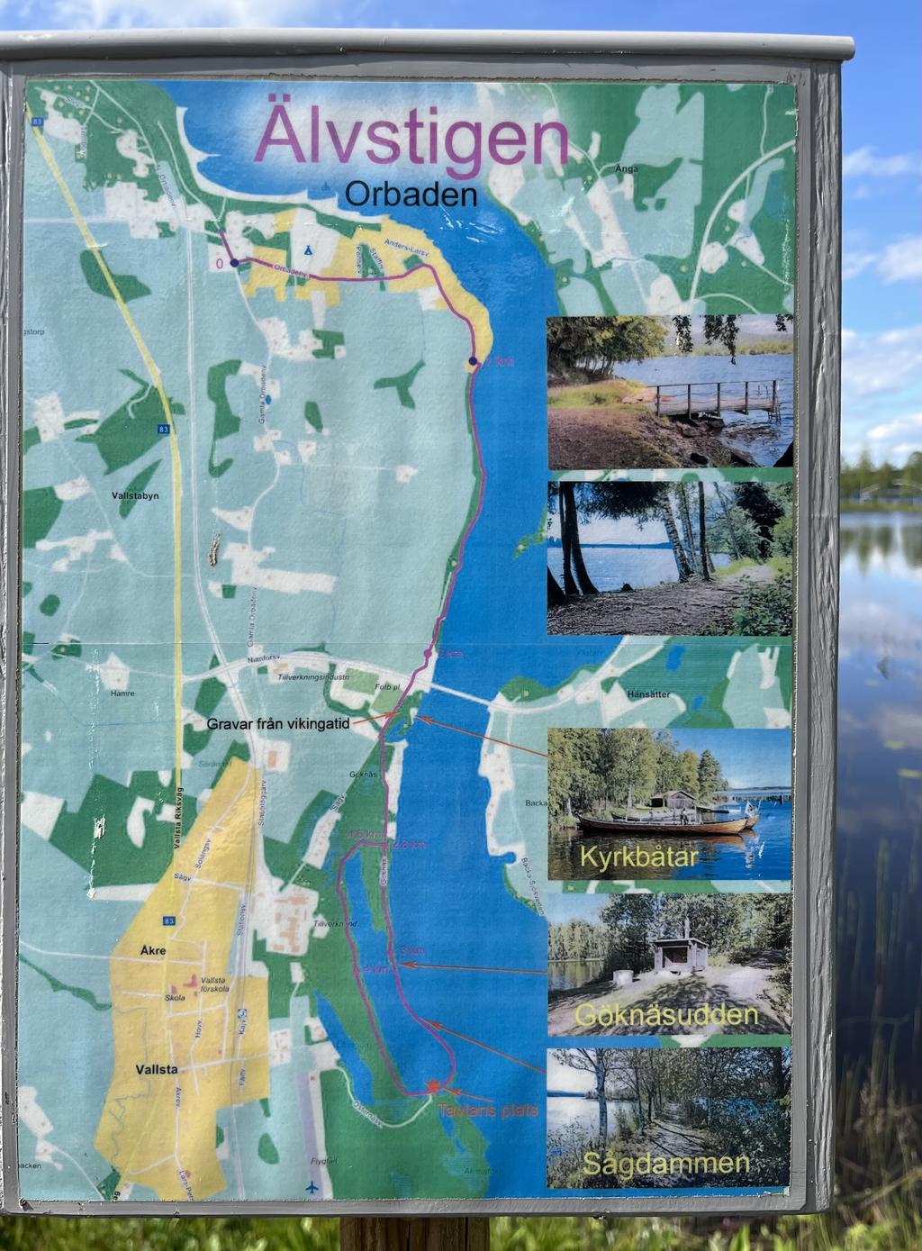 Säljarens bild över kartan på Älvstigen som tar dig från södra delen av Vallsta ända upp till Orbaden. 