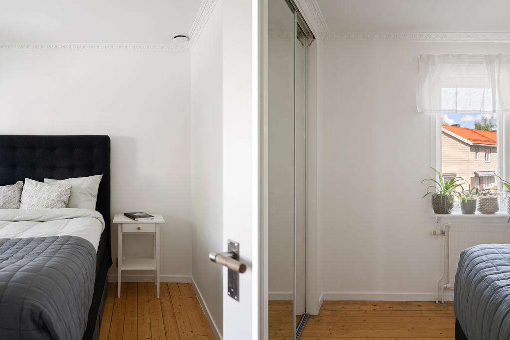 Övre plan - Sovrummet som vetter mot husets framsida. Inbyggd garderob med spegelskjutdörrar.