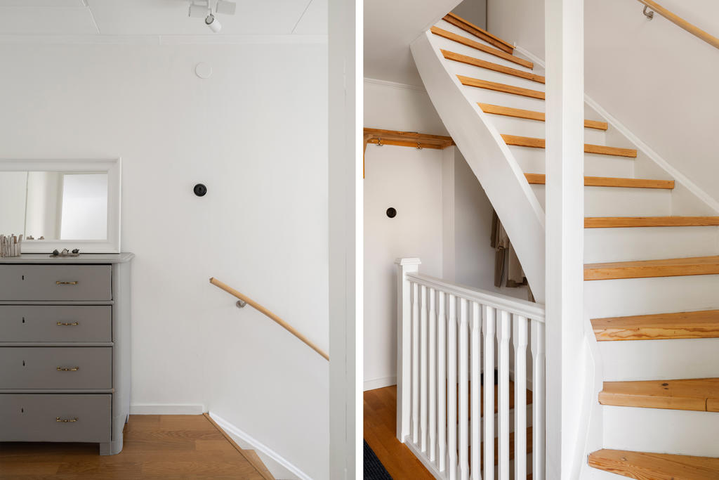 Övre plan - Charmigt hus med fina detaljer. Originalgolv, parkett och svarta strömbrytare.