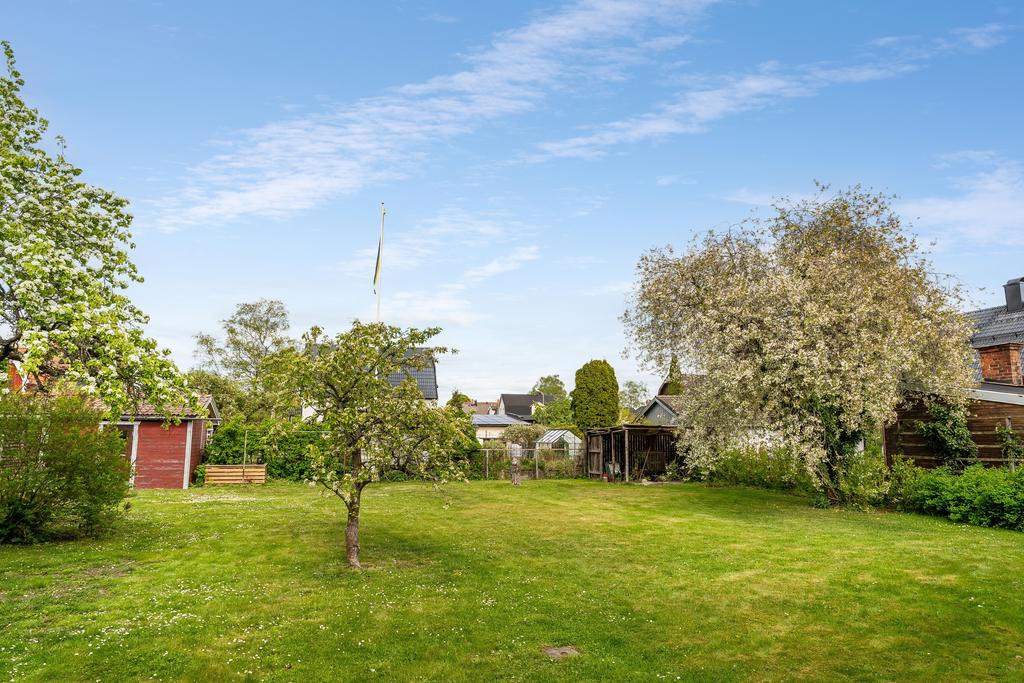 Plan trädgårdstomt passar både för barnens lek och för den trädgårdintresserade