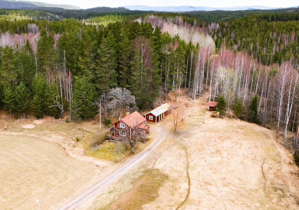 Charmig liten gård omgiven av ängsmark och skog