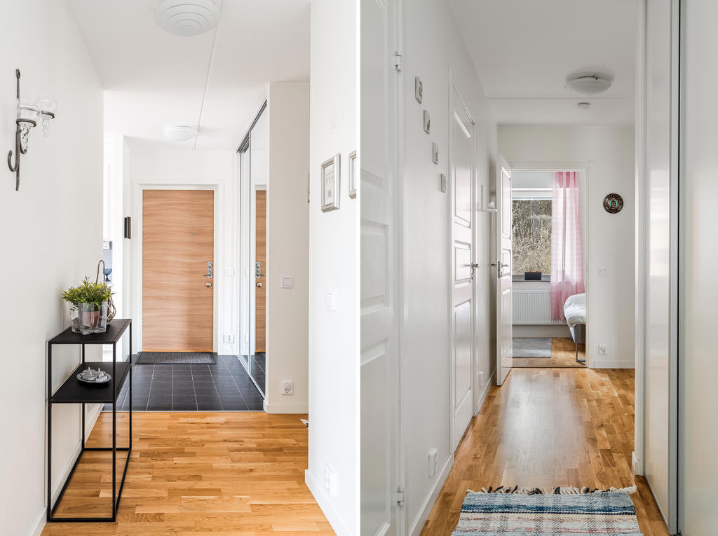 Entréhall med klinkergolv som övergår till parkettgolv