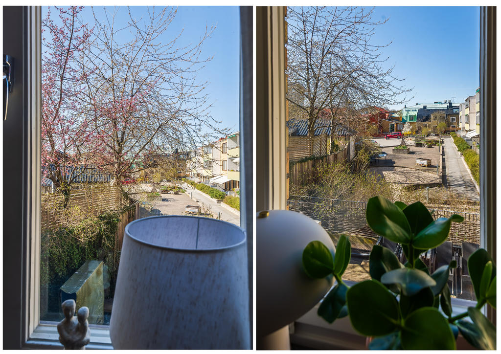 Från sovrumsfönstret blickar du ut över blommande körsbärsträd