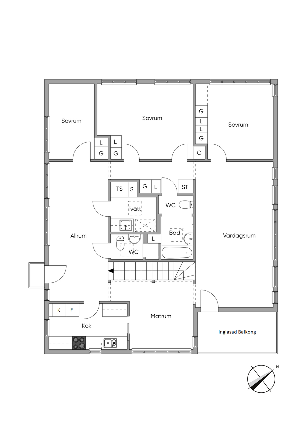 Övre plan - idag disponerat med 3 sovrum