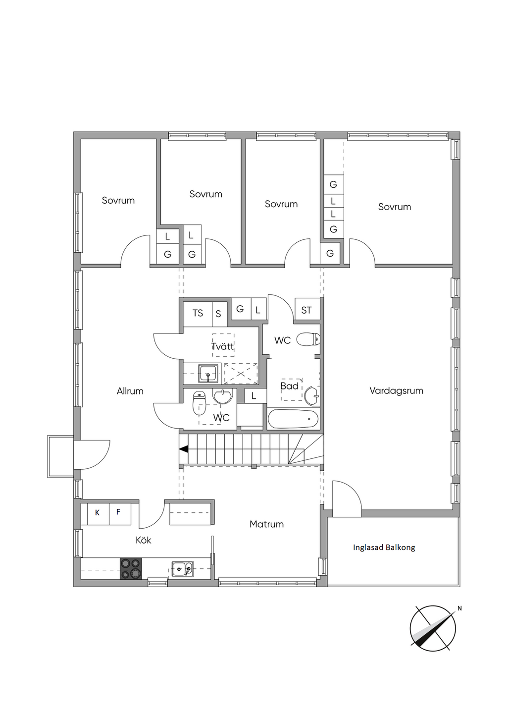 Alternativ planlösning övre plan med 4 sovrum