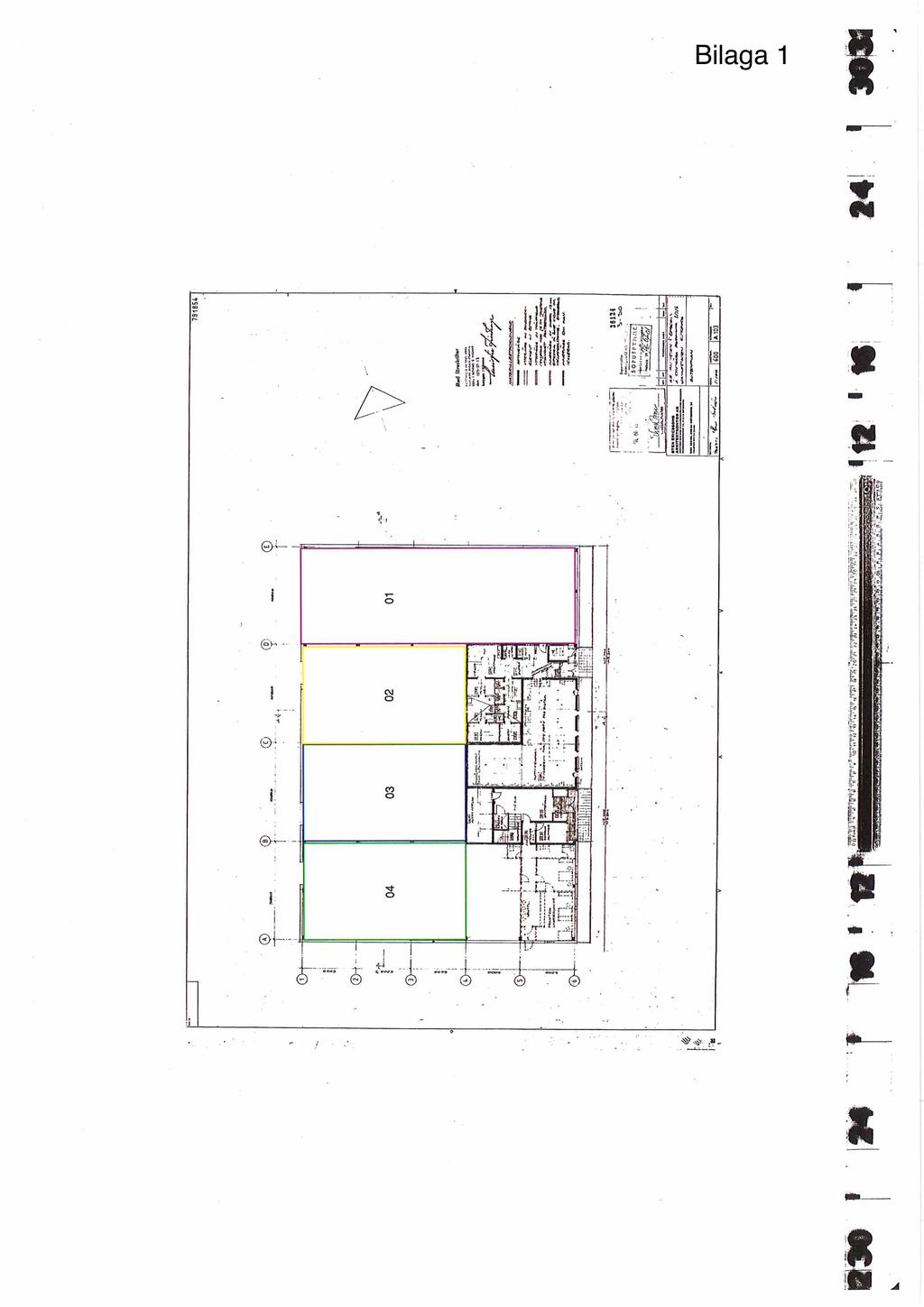 Lageryta: 01-02 är tillgänglig yta. Markering i rosa och gult är endast förslag på möjlig uppdelning av ytan