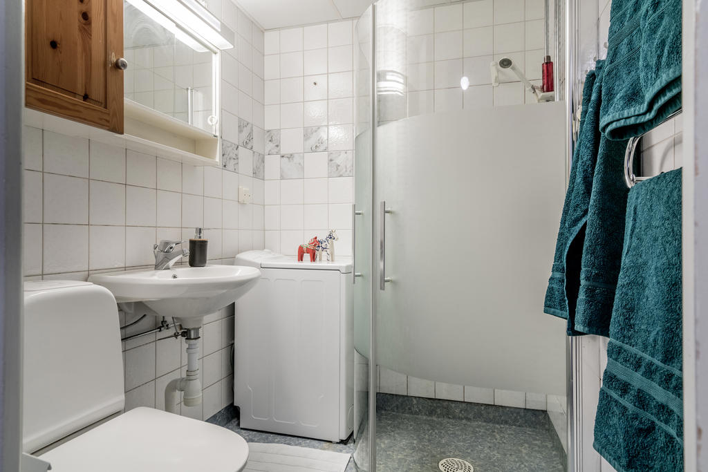 Badrummet har dusch med vikbara duschväggar samt tvättmaskin