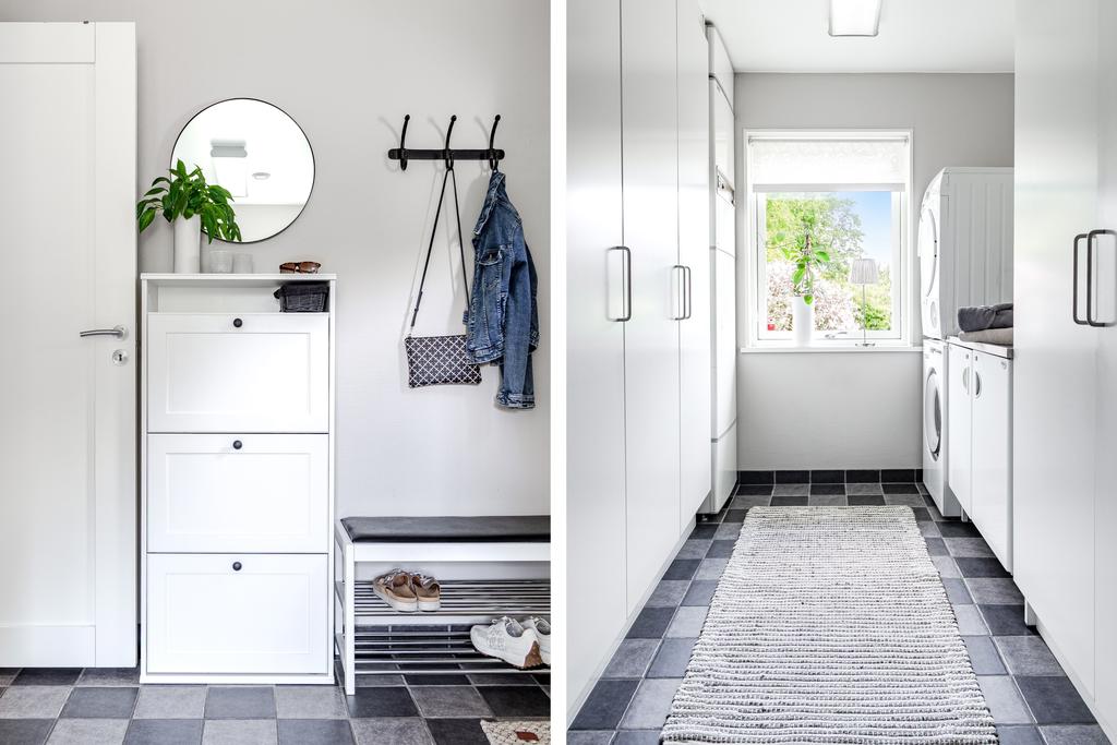 Groventré med tvättstuga. Väldigt praktiskt med förvaring och klinkergolv 
