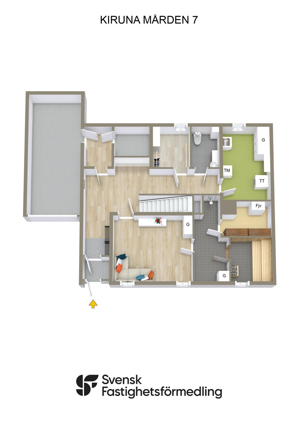 Möblerad planlösning på entréplan/souterrängplan