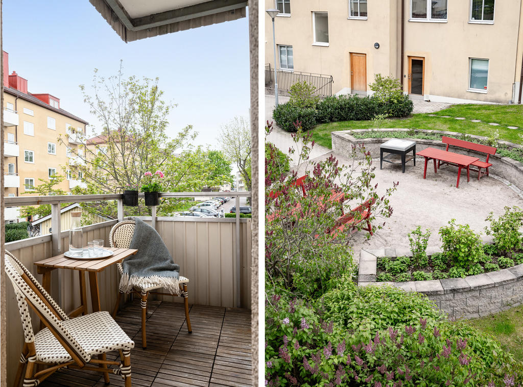 Härlig balkong och lummig skyddad innergård