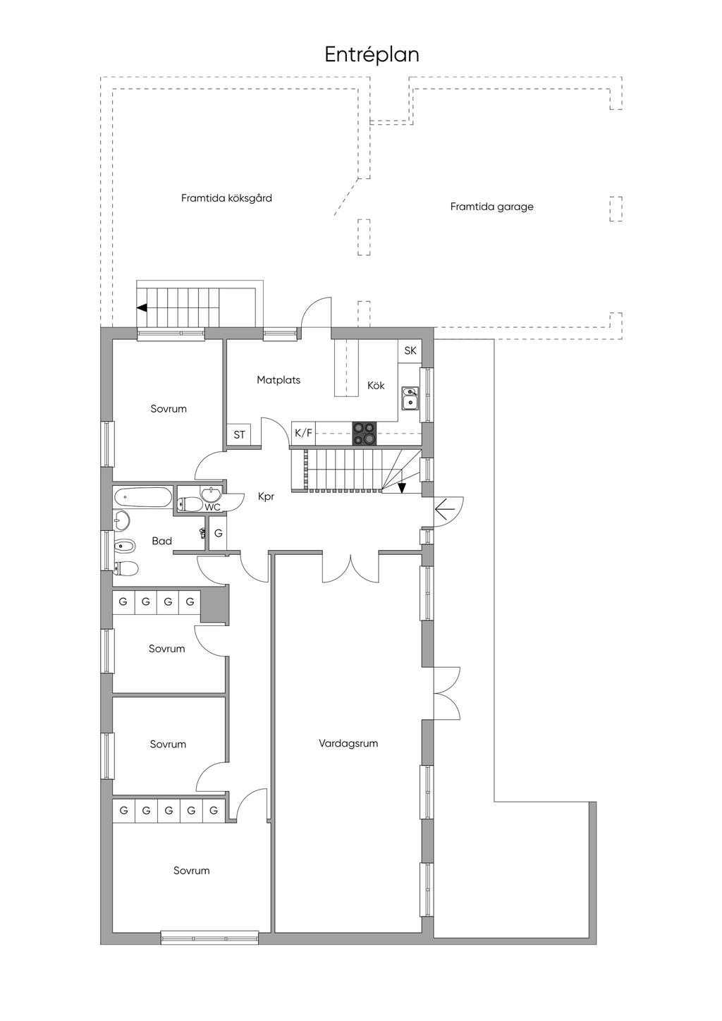 Planritning entrévåning 2D
Observera att det finns ett garage för en bil - ihopbyggt med boningshuset genom en mur med port i.