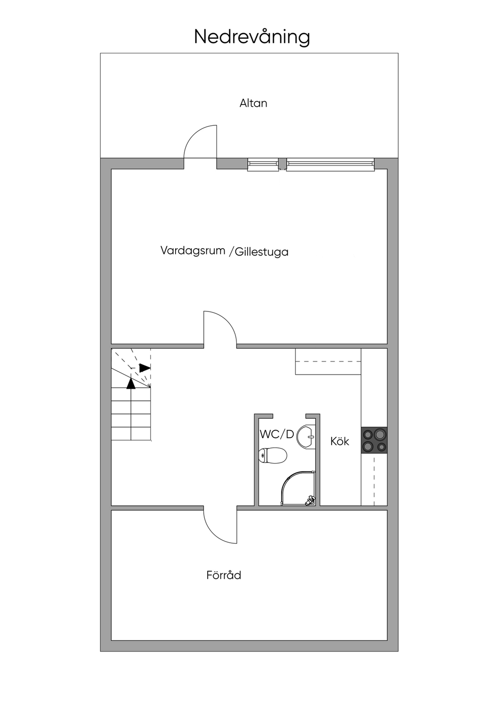 Alternativ planlösning. Nedervåning med öppen lösning mot övre plan.
