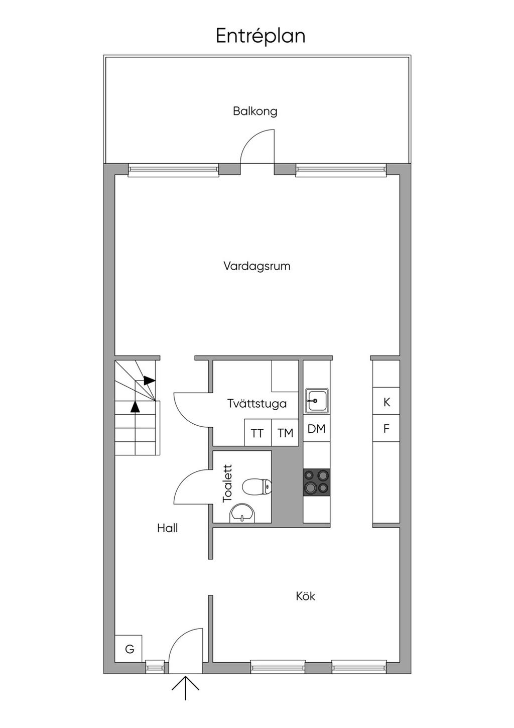 Entréplan med kök, matplats, wc, tvätt och vardagsrum