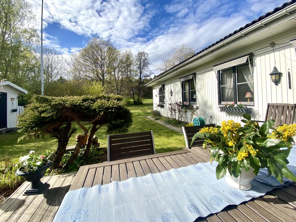Tomten mot allmänning och golfbana i NV