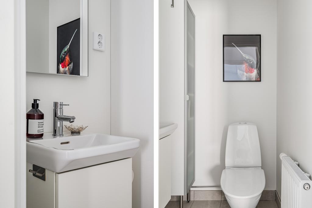 Gäst-wc med stengolv och målade väggar 