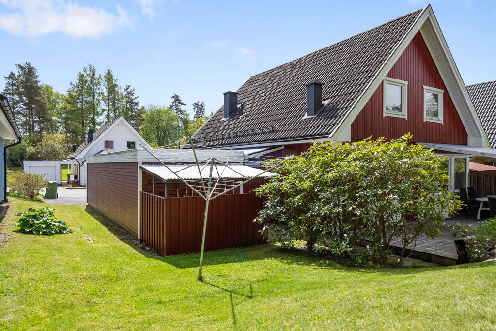 Förvaringsmöjligheter för trädgårdsredskap och dylikt bakom garaget