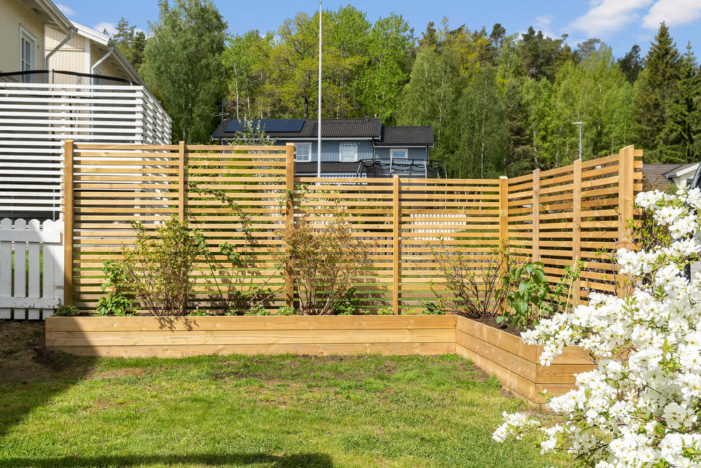 Odlingsbäddar med bla jordgubbar och tomatplantor