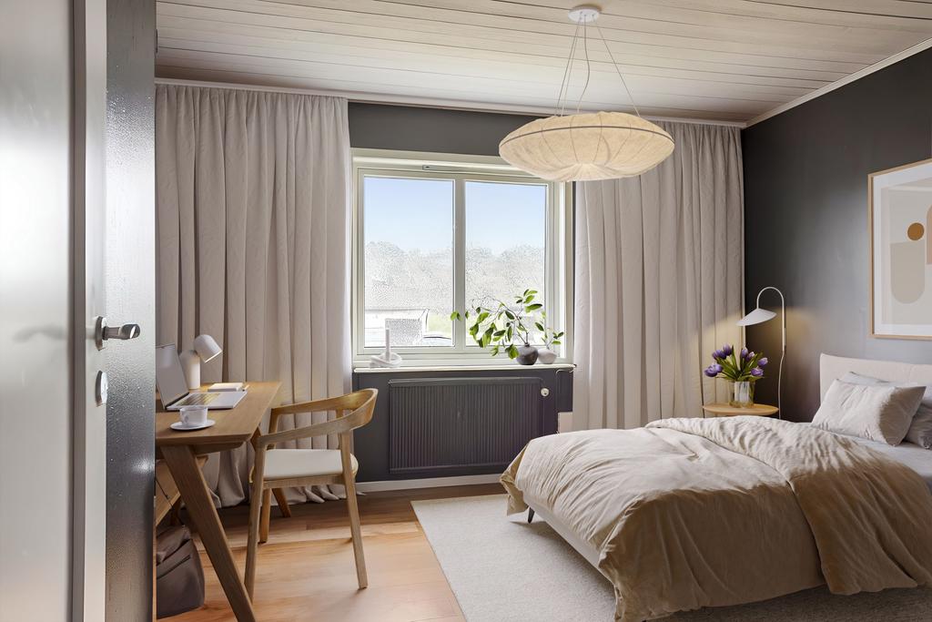 Digitalt möblerad bild på sovrum 2 på entréplan