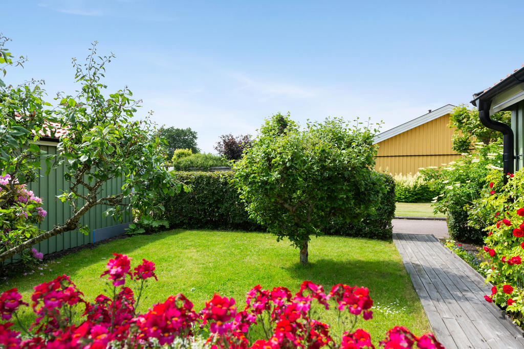 Den uppvuxna trädgården är en grön oas med fruktträd, bärbuskar och blommande rabatter. Gott om plats finns för såväl avkoppling som odling
