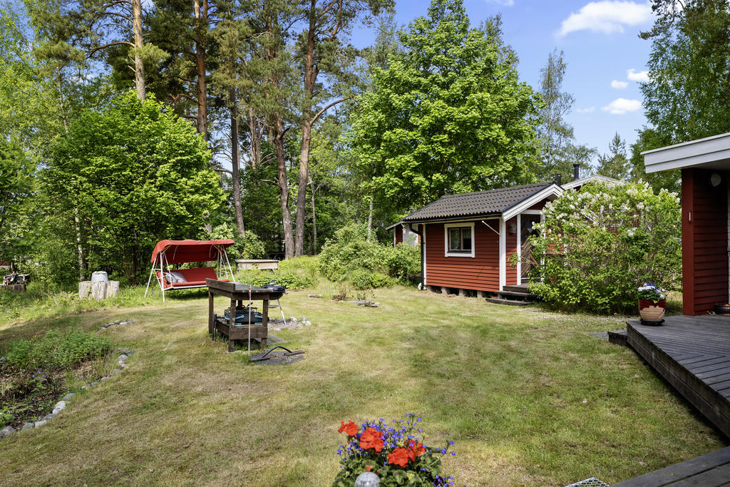 Trädgården med utsikt bort med friggeboden och gästhus