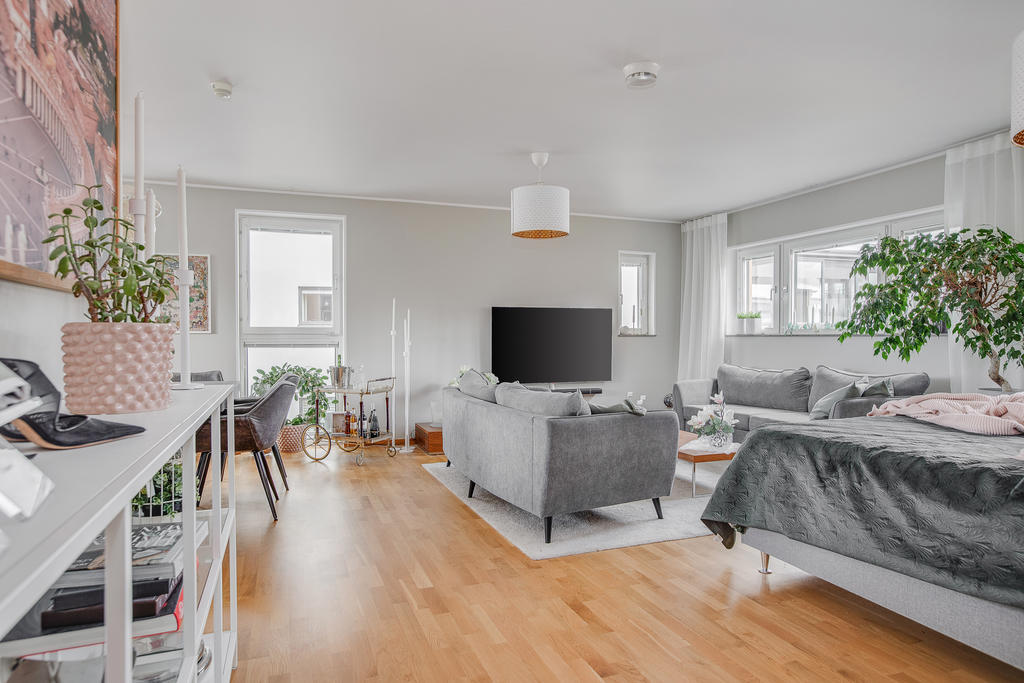 Fönster i två väderstreck i det fina vardagsrummet 