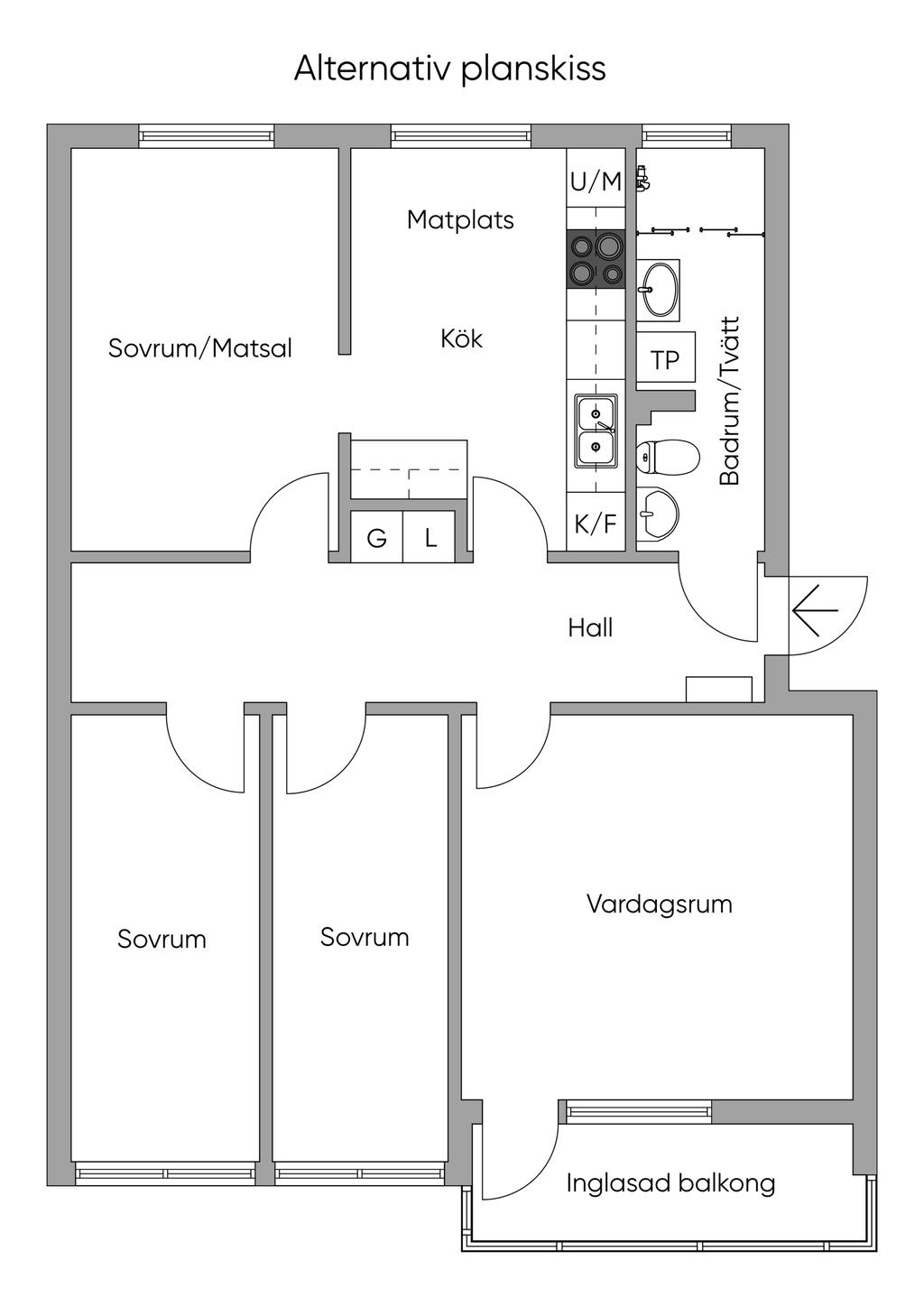Alternativ Planlösning med tre sovrum, 2D