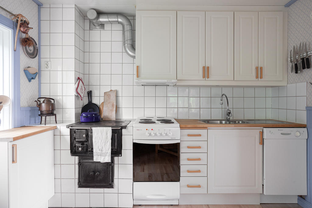 Spis och vedspis, precis som ett timrat hus i Dalarna ska ha