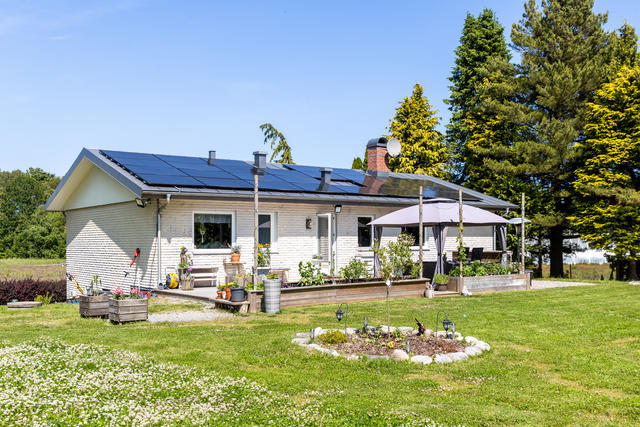 Runt om huset finns lummiga träd och buskar.
