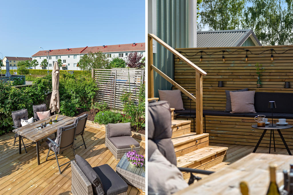 Generös träaltan med plats för olika slags möblemang