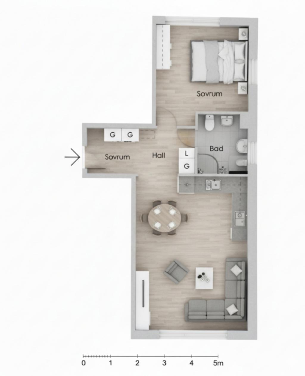 Alternativ planlösning efter flytt av köket