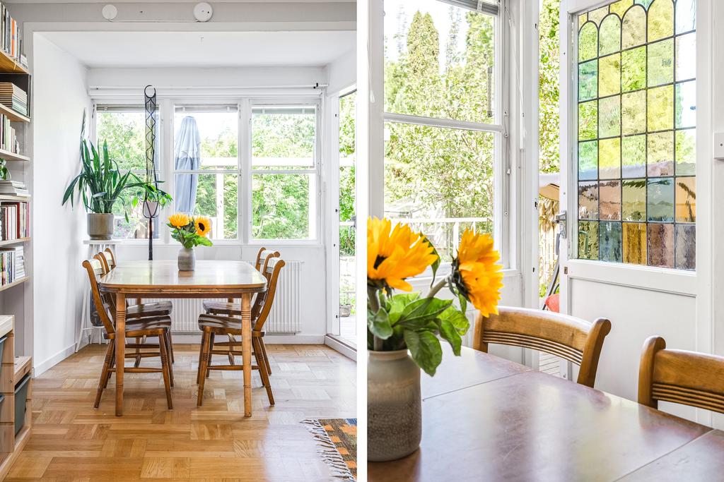 Burspråk och vackert blyinfattat fönster i original