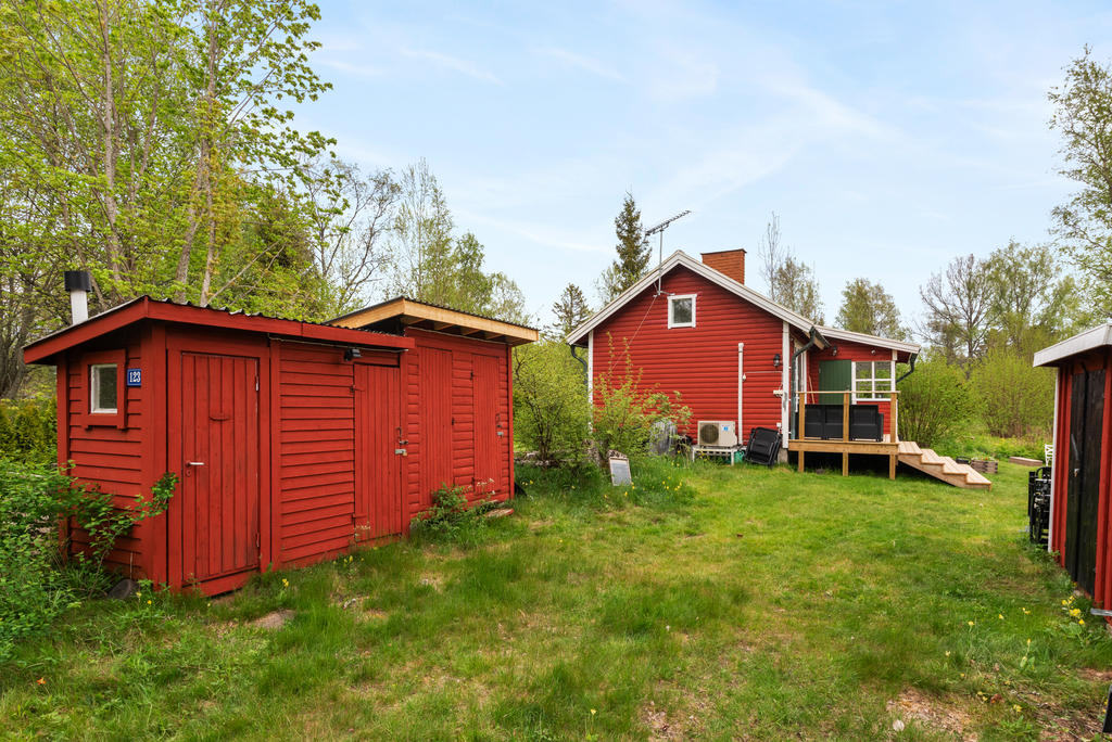 Förrådsbod med utedass, och huvudhuset samt ytterligare förråd