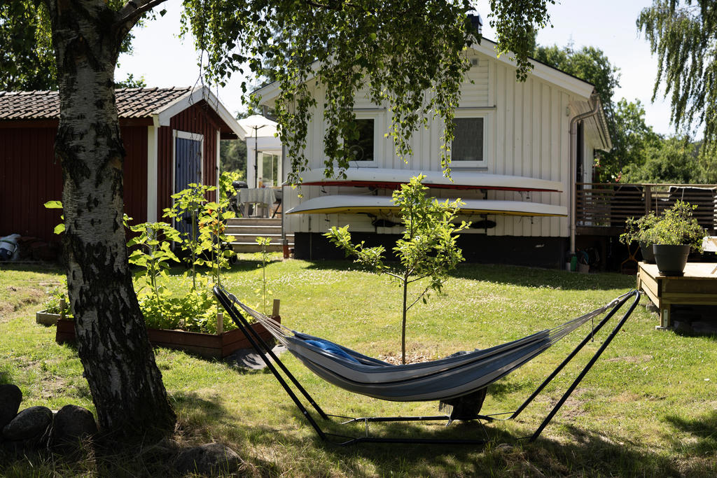 Vacker trädgård med odlingar och blomstrande rabatter.