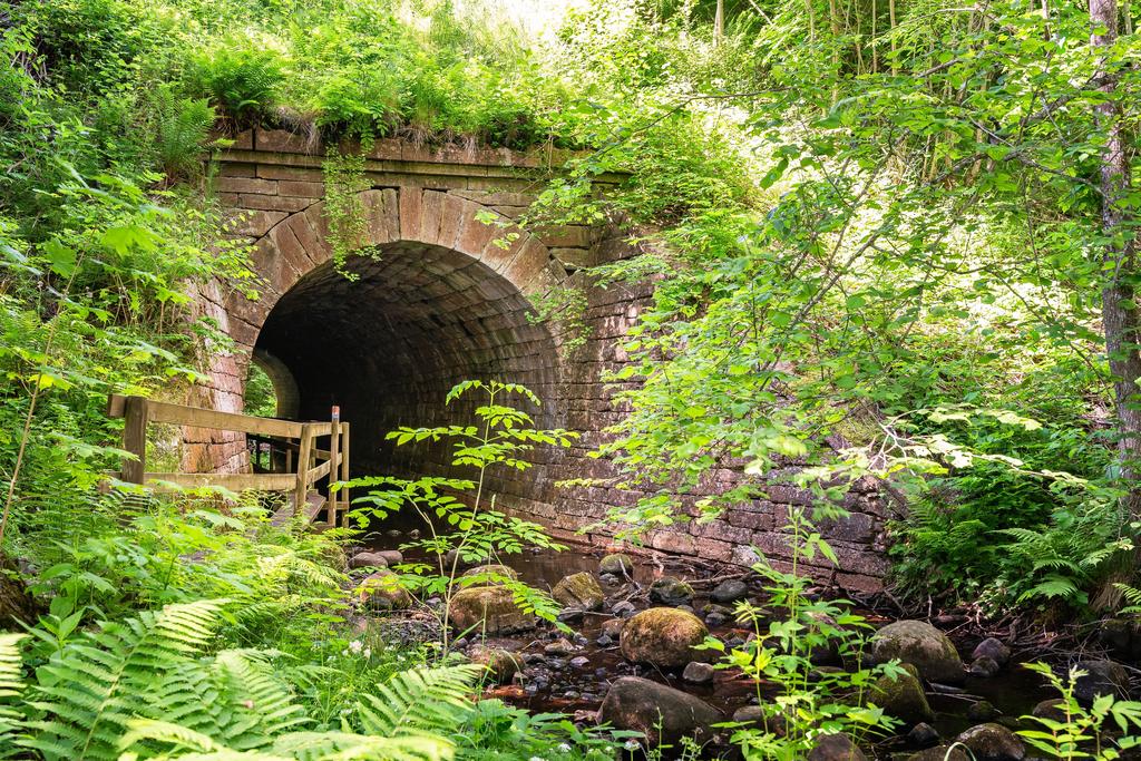 Den spännande passagen under järnvägen mot naturreservatet, Simsjön och golfbanan.