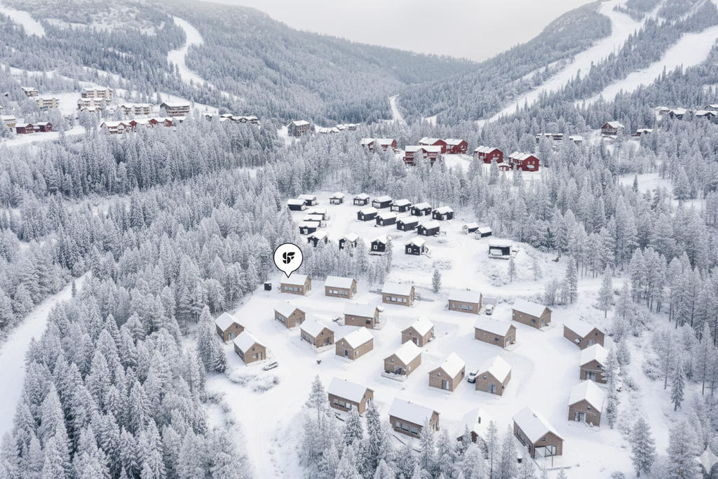 Visualisering: Denna bild är ett originalfoto som har kompletterats digitalt med snö för att illustrera fastigheten och dess omgivning under vintertid.