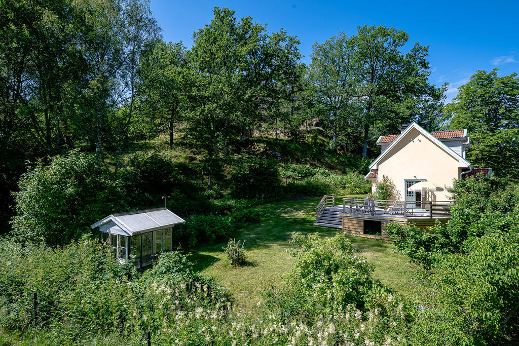 Lummig trädgård med litet växthus