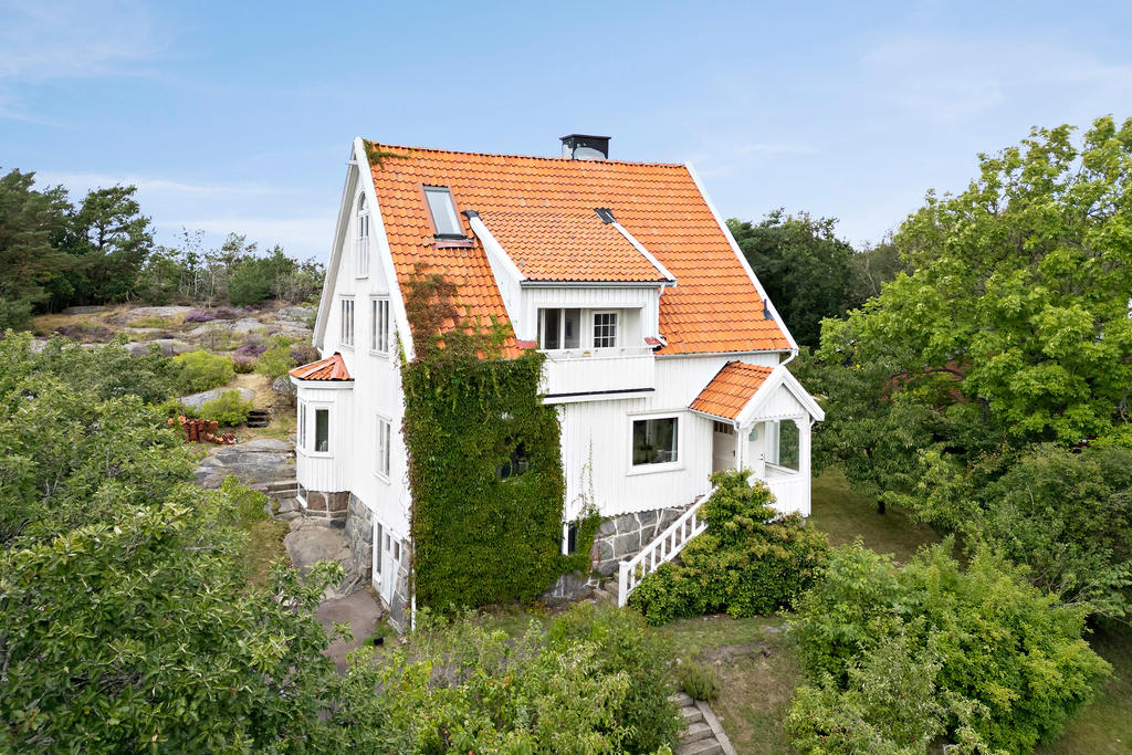 P-plats för två bilar och uppväxt trädgård med syrener, äppleträd mm.
