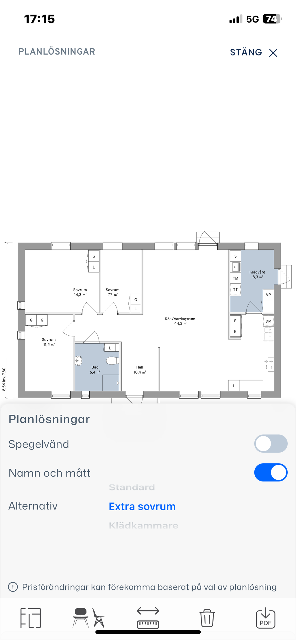 Alt planlösning med tre sovrum