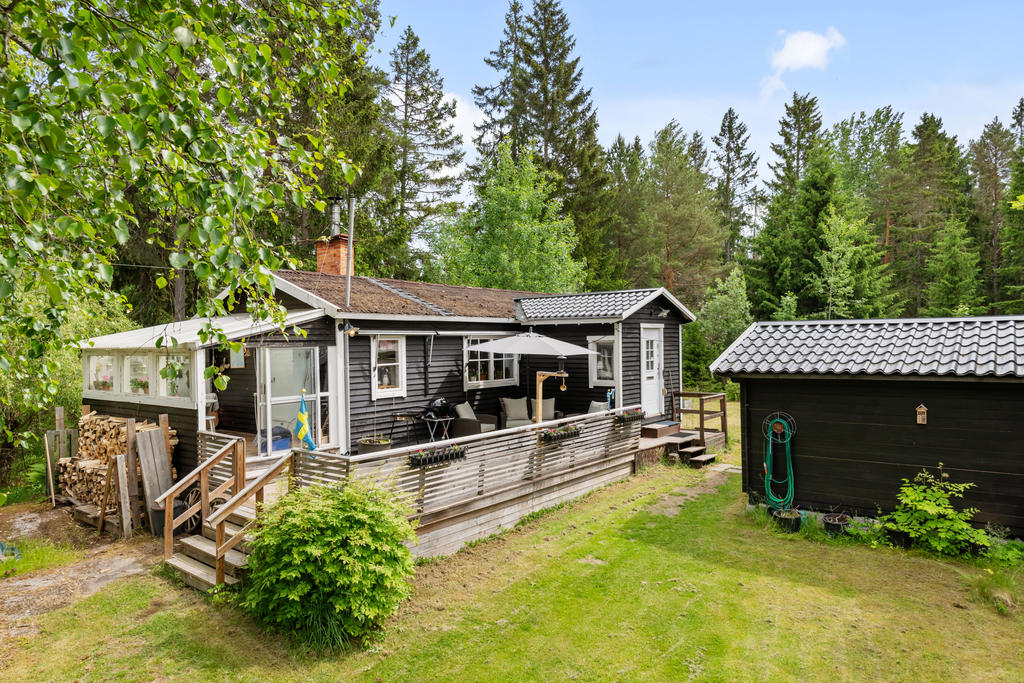 Huvudhuset med gäststugan.